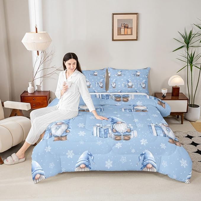 Feelyou Blue Christmas Comforter Set Toddler Size Scandinavian Christmas Santa Gnomes Bedding Set for Kids Boys Girls Xmas Snowflake Duvet Quilt Bedroom Decor 2 Pcs with 1 Pillow Cases