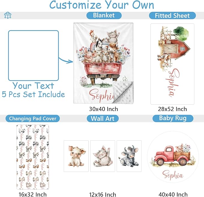 Personalized Baby Crib Bedding Set, 5 Pcs Custom Farm Animals Pattern Nurery Bedding Set for Boys and Girls, Baby Blanket with Dotted Backing, Newborns Infant & Toddler Customized Gifts