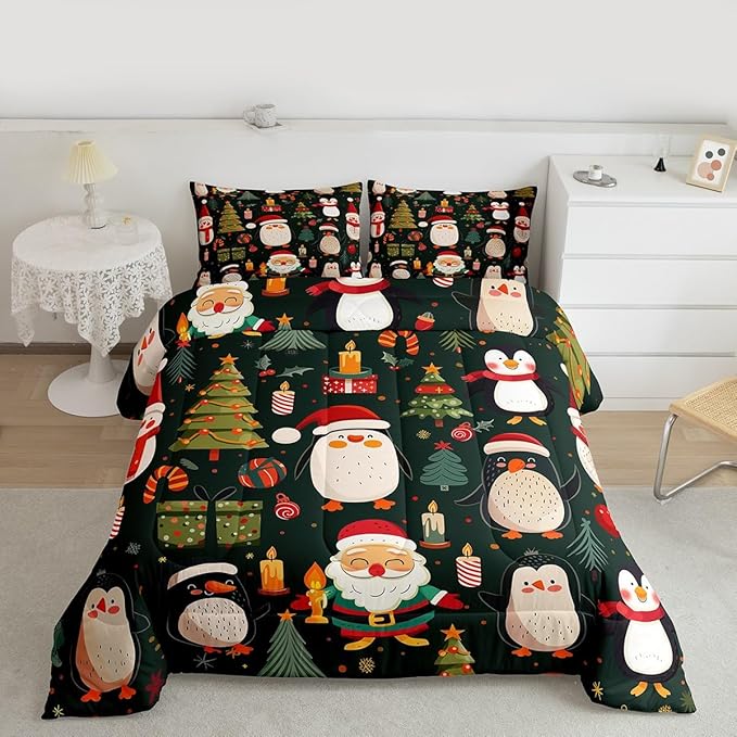 Feelyou Christmas Bedding Set Soft for Boys Girls, Penguin Santa Comforter Set Toddler Size Xmas Tree Snowflake Duvet Quilt Microfiber New Year Gift Bedroom Decor 2 Pcs with 1 Pillow Cases