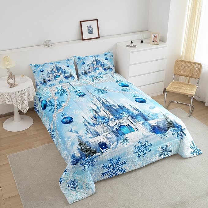 Dreamy Castle Comforter Set King Size,Princess Blue Winter Snowflakes Bedding Set All Season Quilt Set,Fairy Tale Theme Watercolor Christmas Microfiber Polyester Down Comforter