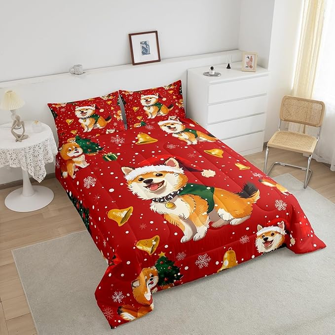 Cartoon Dog Comforter Set King Size,Bell Christmas Tree Star Snowflake Duvet Insert for Kids Boys Girls Room Decor,Cute Corgi Xmas Theme Bedding Set 3Pcs,Merry Christmas Red Quilt Set,2 Pillowcases