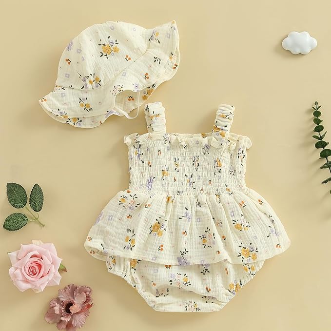 Mubineo Baby Girl Clothes Summer Dress Cotton Linen Romper Sleeveless Smocked Rompers Sun Dress Hat Skirt Boho Outfits
