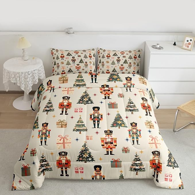 jejeloiu Xmas Nutcracker Comforter Set Toddler Size Christmas Beige Bedding Set for Kids Boys Girls Cute Snowflakes Duvet Quilt Bedroom Decor