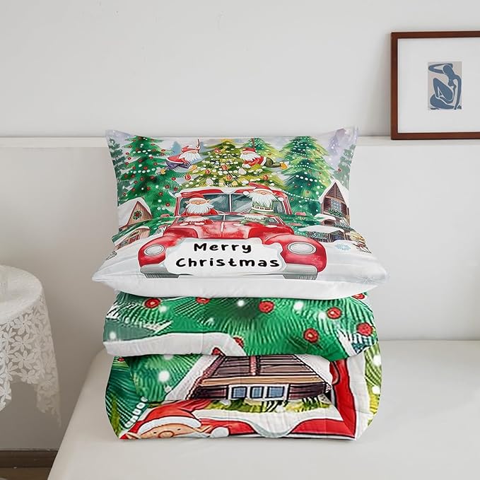 Christmas Tree Bedding Set Full Size,Red Truck Gnome Comforter Set for Kids Boys Girls Room Decor,Merry Christmas Polka Dot Cartoon Duvet Insert 3Pcs,Xmas Rustic Cabin Quilt Set,2 Pillowcases