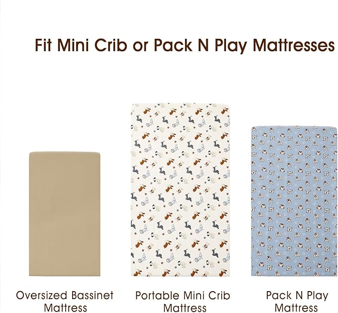 PHF 3 Pack Soft Mini Crib Sheets, Pet Dogs Pack N Play Sheets for Baby Boys Girls, No Slip Universal Fit for Pack N Play, Playard, Portable and Mini Crib Mattresses, Pet Dogs
