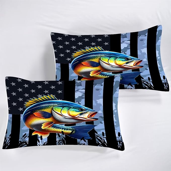 American Flag Comforter Set King Size Camouflage Bedding Set for Men Boys Teens Grey Fishing Lover Bedroom Fisherman Bass Fish Farmhouse Bed Set Wild Quilted, 1 Comforter 2 Pillowcases