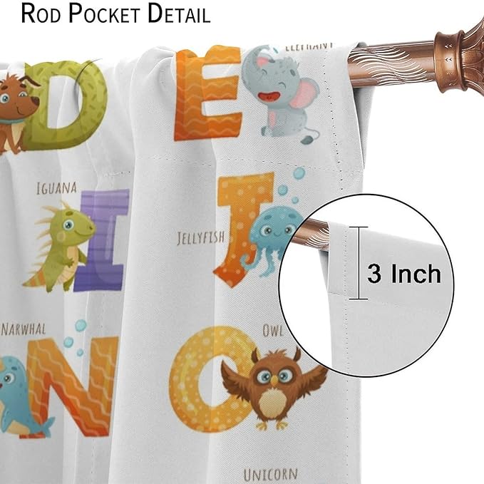 Kids Alphabet Curtains Educational Baby Cartoon Animals Colorful Cute Curtain with Rod Pocket for Nursery Living Room Home Decor Drapes Window Treatments 2 Panels Set 72x63in