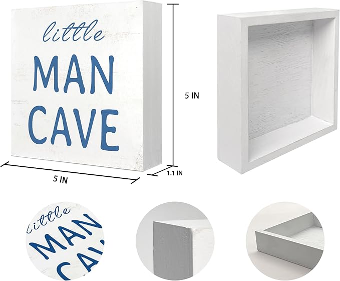 Mtrgdn Baby Boy Nursery Decor,Kids Room Decor,Little Man Cave Wooden Box Sign for Boy Baby Nursery Room Shelf Table Desk Decorations,5x5 Inch