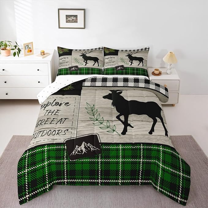 Elk Silhouette Kids Comforter Set King Size,Palm Leaves Old Plank Bedding,Girls Boys Adults Bedroom/Xmas Cabin Decor,Camper Explore Down Comforter,Geometric Grids Plaid Duvet Insert,2 Pillowcases