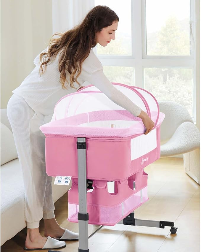 Ihoming Baby Bassinet Bedside Sleeper, Baby Bed Side Crib with Storage Basket, Easy Folding Bassinets, Adjustable Baby Bed for Infant Newborn, Pure Pink