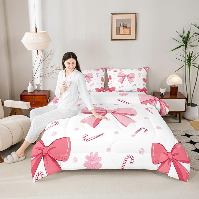 Feelyou Pink Bowknot Comforter Set All Season Christmas Candy Cane Snowflake Bedding Set with 2 Pillow Cases Cute Bow Microfiber Kids King Bedclothes Dreamy Princess Style Bedroom Decor Duvet Quilt