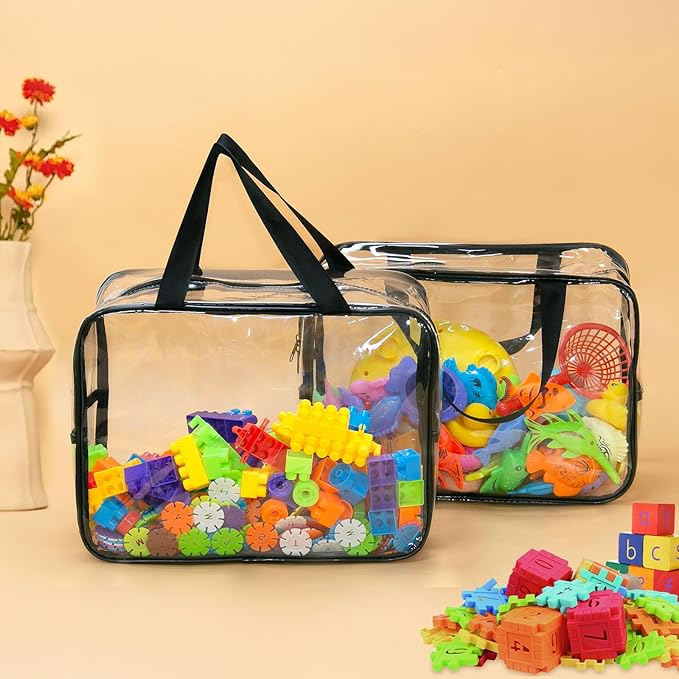 6 Packs Large Toy Storage Bags, Dual Zippers and Portable Handheld Design, Clear Waterproof Toy Organizer Bags with Labels, Board Game Storage for Building Blocks, Puzzle