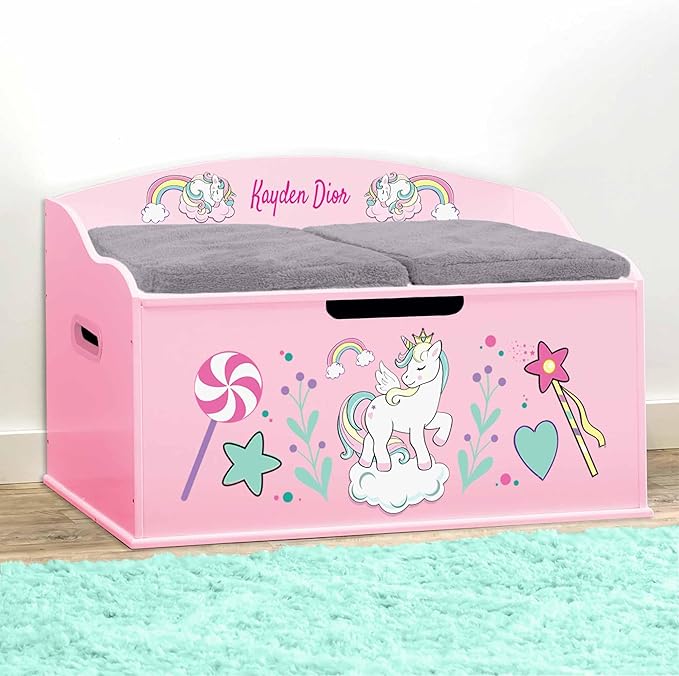 DIBSIES Personalized Creative Wonders Toy Box, Unicorns & Rainbows, 30 x 19.25 x 18 inches, Soft-Close Lid (Pink)