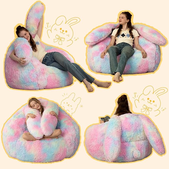 Bean Bag Chair for Adults Kids Giant Fluffy Plush Bean Bag Sofa with Filler Faux Fur Rabbit Shaped Beanbag Chairs Comfy Accent Floor Couch for Gaming, Reading in Bedroom, Living Room, Dorm