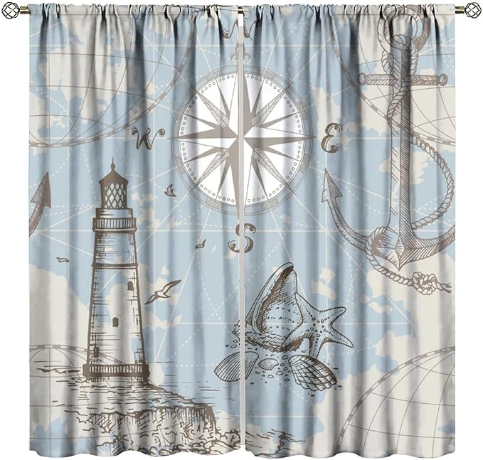 Nautical Costal Curtains, Compass Lighthouse Anchor Sailboat Pattern Blackout Print Home Bedroom Living Room Window Treatments 2 Panel Set 52x84 Inch
