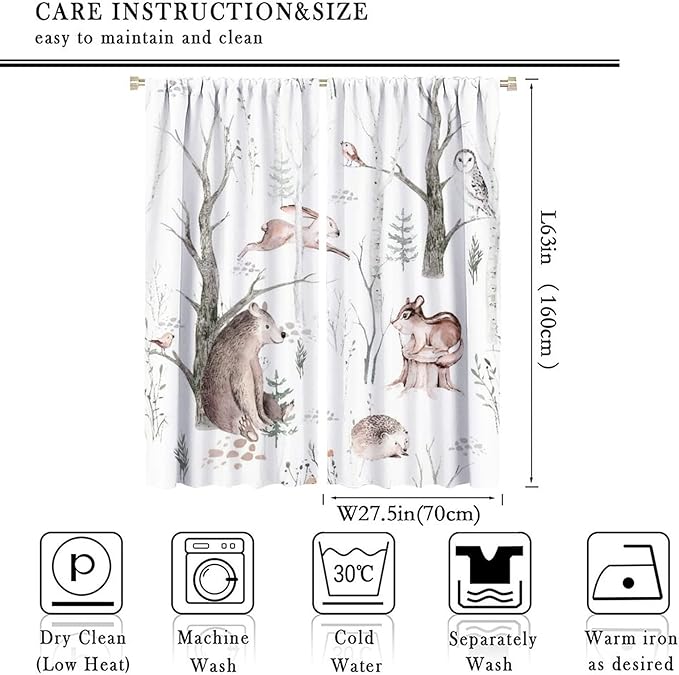 Watercolor Woodland Animal Curtains, Wildlife Bear Farmhouse Lodge Cabin Squirrel Owl Hedgehog Fox Blackout Rod Pocket Windows Door Curtain for Bedroom Living Room Home Decor 55x63in