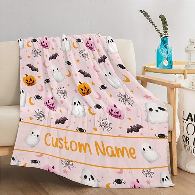 Custom Halloween Ghost Blanket | Personalized for Boys Girls | Plush Cozy Name Blanket | Halloween Decor Gifts | 60"x80"-Adults/Twin Size