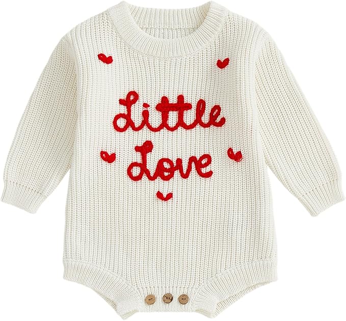 Lesimsam Newborn Baby Boy Girl Valentines Day Outfit Oversized Embroidery Long Sleeve Knit Sweater Bubble Romper Bodysuit