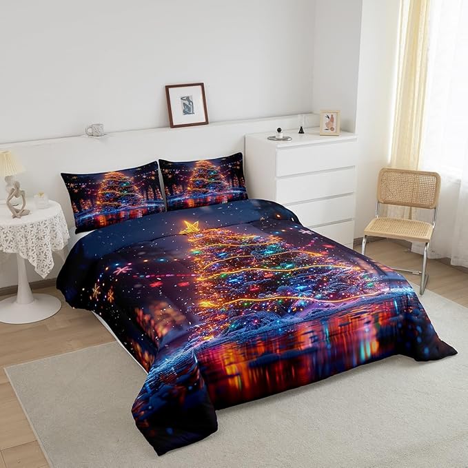3D Christmas Tree Comforter Set Twin Size,Snowflake Glitter Polka Dot Bedding Set for Kids Boys Girls Room Decor,Merry Christmas Quilt Set 2Pcs,Xmas Neon Style Fashion Duvet Insert,1 Pillowcase