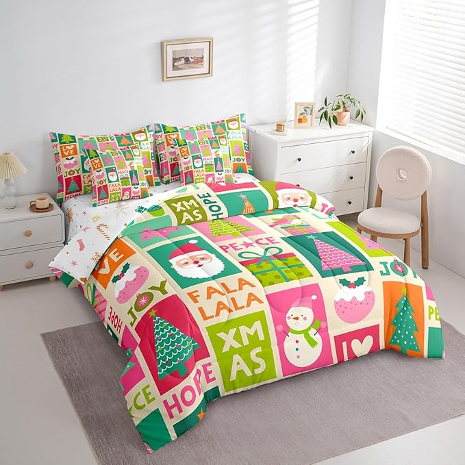Feelyou Christmas Bed Set Snowman Christmas Tree Print Kawaii Comforter Set with Sheets Xmas Santa Claus Bed in a Bag for Kids Girls New Year Theme Bedding Set Bedroom Collection Queen Size