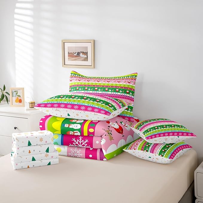 Christmas Bed Set Snowman Christmas Reindeer Print Comforter Set with Sheets Xmas Santa Claus Bed in a Bag for Kids Girls New Year Theme Bedding Set Bedding Full Size