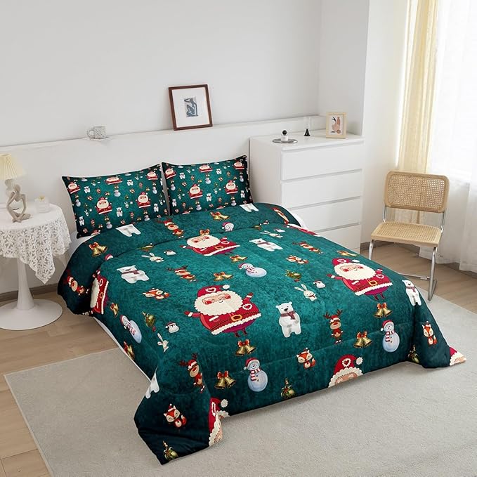 Christmas Comforter Set Cute Snowman Santa Claus Kids Decorations Bedding Set Boys Girls Bear Rabbit Comforter Christmas Bells Design Teal Blue Quilt with 1 Pillowcase 2Pcs Bedding Twin