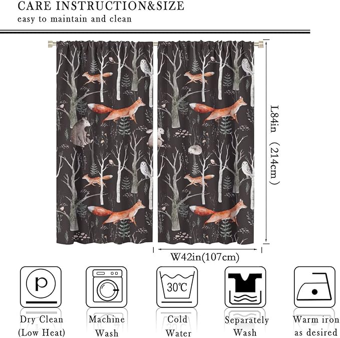 Rustic Forest Curtain, Woodland Country Hunting Animal Deer Fox Wildlife Bear Farmhouse Lodge Cabin Blackout Rod Pocket Windows Door Curtain for Bedroom Living Room Home Decor 84x84in