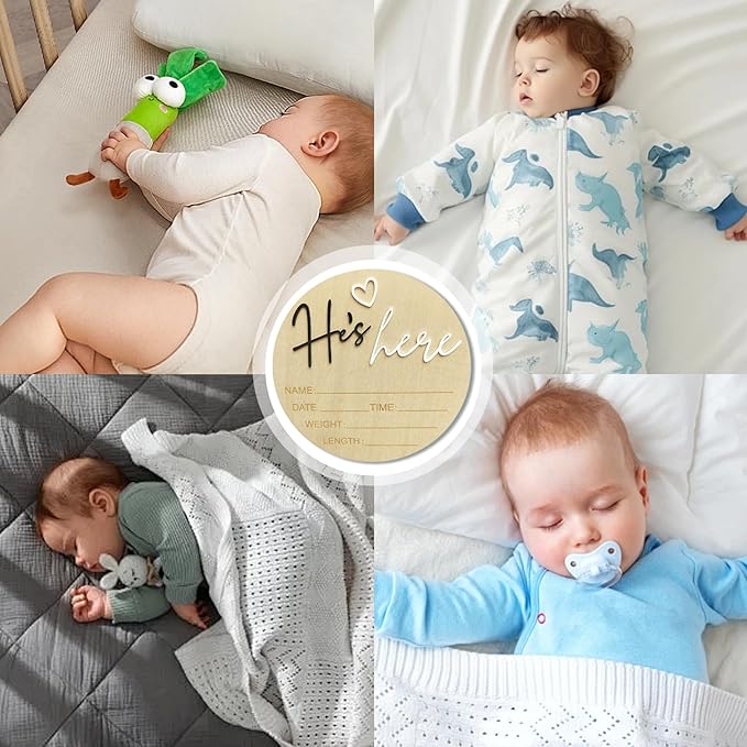 Baby Announcement Sign, 5.9 Inch Wooden Hello World Newborn Signs, Birth Announcement Sign, Gender Reveal Signs, He's here Decoration, Welcome Newborn Arrival To World, Hospital Nursery for Baby (Black He's)