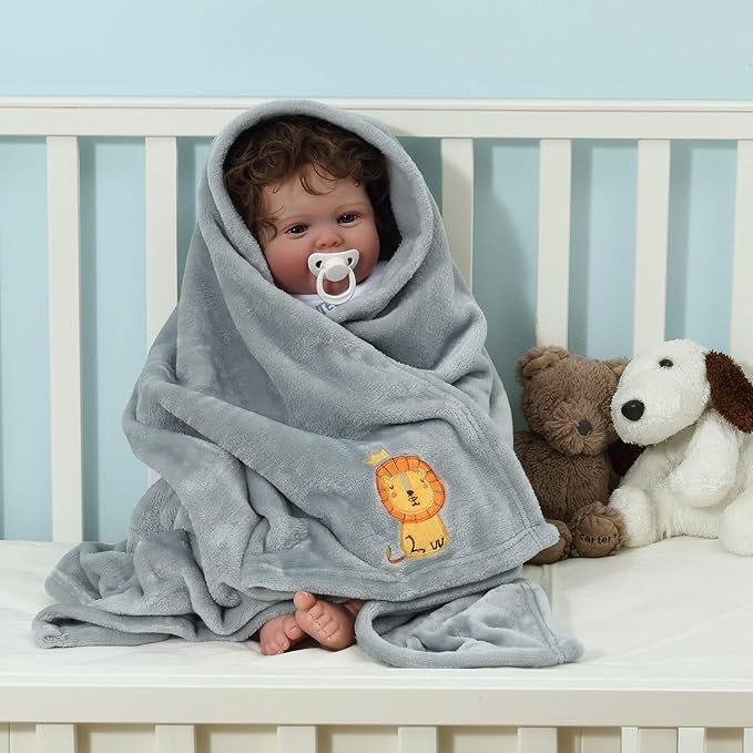 CREVENT 30''X40'' Small Fluffy Warm Toddler Baby Blanket for Boy Infant Toddler Crib Cot Stroller - Grey Lion