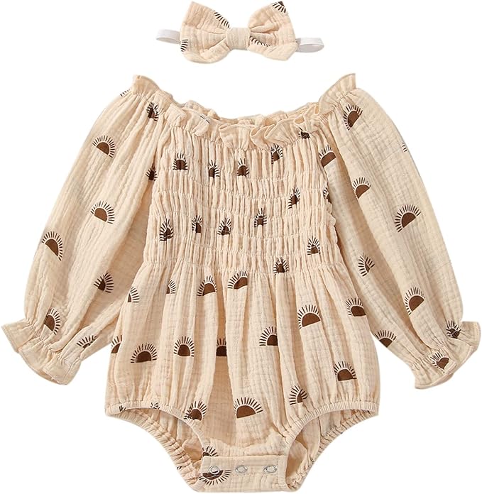 2pcs Infant Baby Girls Romper Dress Headband Long Sleeve Clothing Flowers Newborn Boho Girl Outfit Jumpsuit Clothes