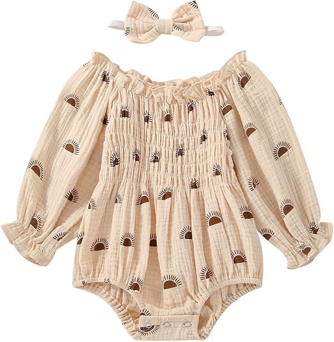 2pcs Infant Baby Girls Romper Dress Headband Long Sleeve Clothing Flowers Newborn Boho Girl Outfit Jumpsuit Clothes