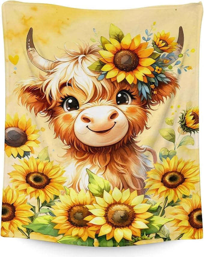 Highland Cow Blanket for Adults - 60" x 80" Inches Cute Throw Blanket for Women, Men - Yellow Warm Cozy Blankets for Sofa, Bed & Living Room