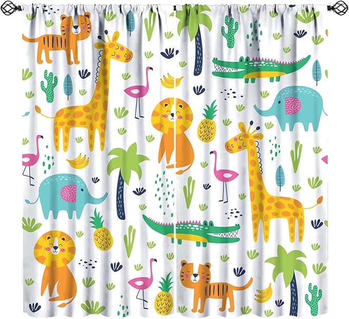 Kids Animals Blackout Curtains Cartoon Cute Abstract Fun Tropical Animals Art Printed for Children Girls Boys Bedroom Nursery Rod Pocket Decoration Window Drapes 2 Panels W42xL84in