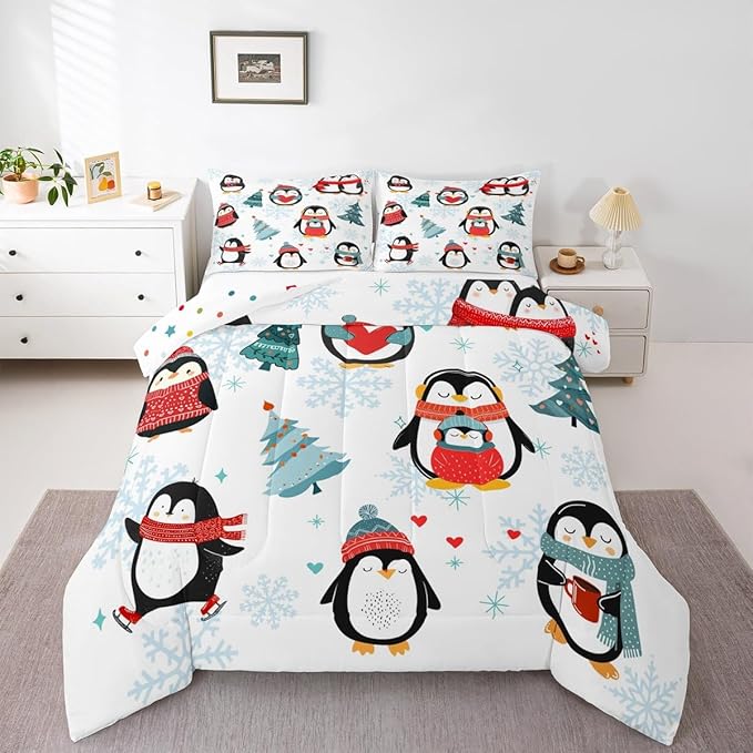 Cartoon Penguin Bedding Set for Boys Girls,Winter Snowflake Happy Xmas Theme All Season Cozy Comforter Set Full Size,Christmas Tree Duvet Set Bedroom Decor,Festival Gifts