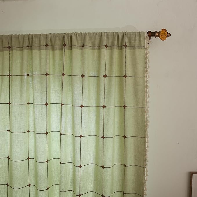 Deeprove Green Boho Curtains for Bedroom 84 Inches Long, Sage Checkered Bohemian Chic Textured Embroidery Plaids, Vintage Tassels Country Decor Drapery, Rod Pocket, 1 Panel W52 x L84, Light Mint