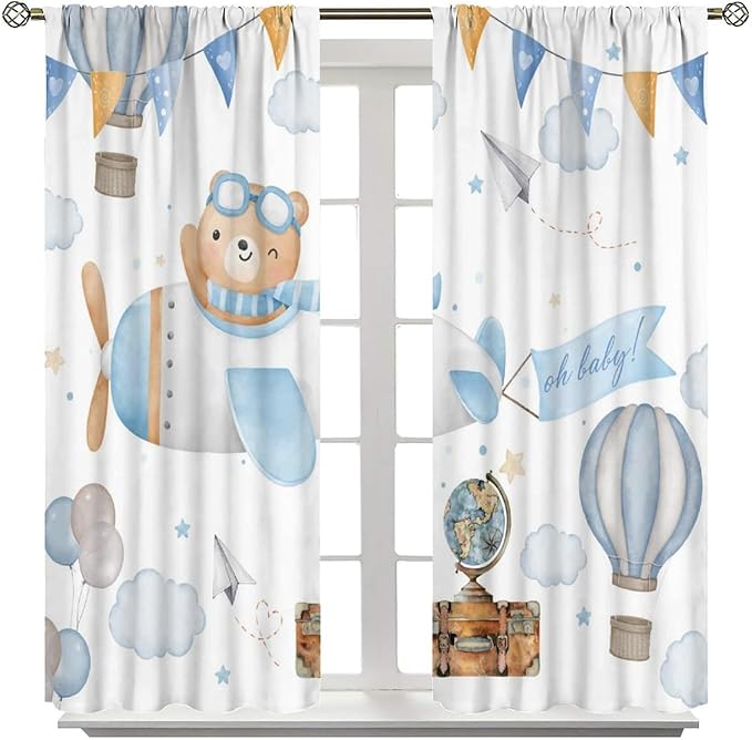Blue Bear Curtains, Cute Lovely Bear Adventure Airplane Cloud Pastel Blackout Window Treatments, Rod Pocket Thermal Insulated Drapes 2 Panel Sets for Kids Bedroom Nursery Classroom, 42"W X 54"L