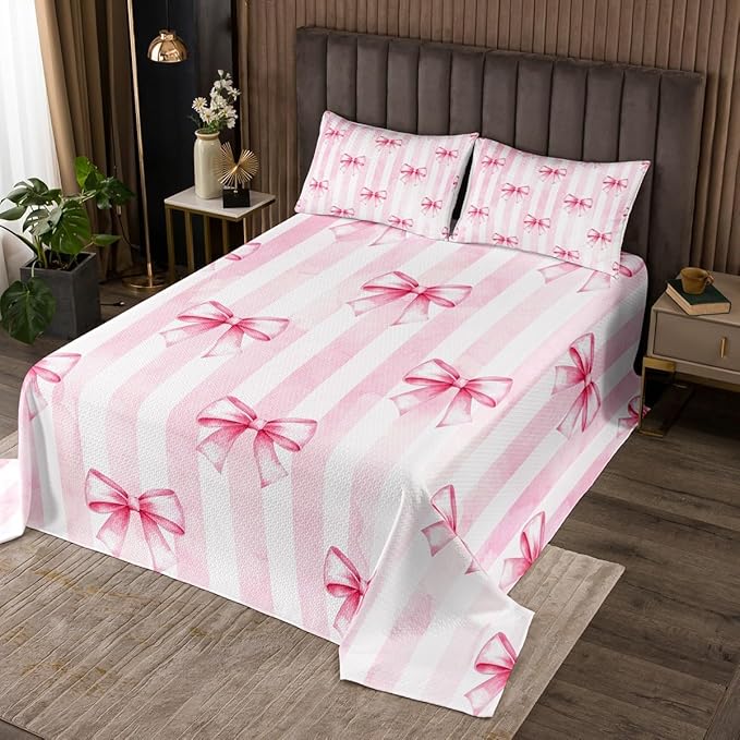 Pink Bowknot Kids Bedspread King Size,Bow Tie Geometric Stripe Coverlet Set,Girls Women Room Decor,Butterfly Knot Princess Style Fashion Quilted Coverlet,Pink Romantic Bedding Quilt,2 Pillowcases