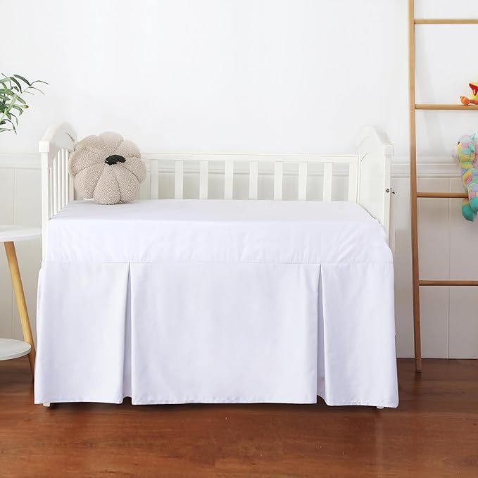 Crib Skirt Dust Ruffle, 100% Egyptian Cotton 400 Thread Count Soft Breathable Crib Bedding Skirt for Baby, Boys and Girls, 52"X28" with 14" Crib Bed Skirt Fading Resistant (White Solid)