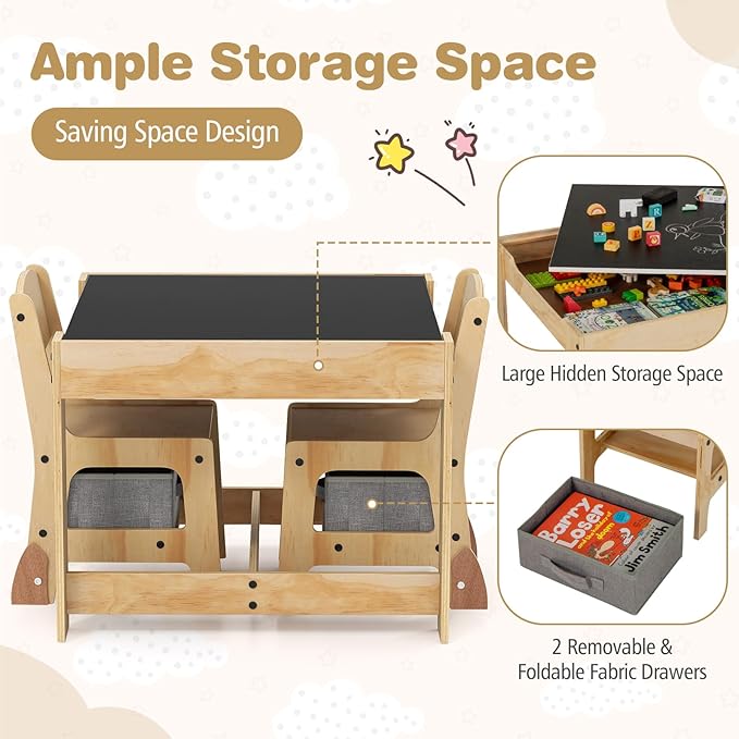 Costzon Kids Table and Chairs, 3 in 1 Wooden Activity Desk Set w/Double-Sided Tabletop, Storage Drawers and Reinforced Design for Drawing, Reading & Playing, Toddler Table and Chair Set (Gray)