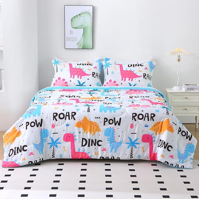 Wajade 7 Piece Kid Girls Dinosaur Comforter Set Full Size 3D Pink Dinosaur Wild Park Jungle Print Bedding Set with Comforter, Sheet Set, Pillowcase and Sham