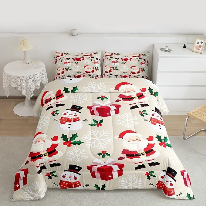 jejeloiu Merry Christmas Comforter Set Full Size Xmas Santa Claus Bedding Set for Kids Boys Girls Cute Snowman Duvet Quilt Beige Bedroom Decor