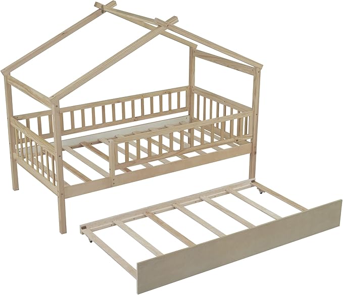 Merax Twin Size Wooden House Bed with Twin Size Trundle, Wood Bed Frame with Roof and Safety Guardrail for Kids, Teens, Boys or Girls, Natural