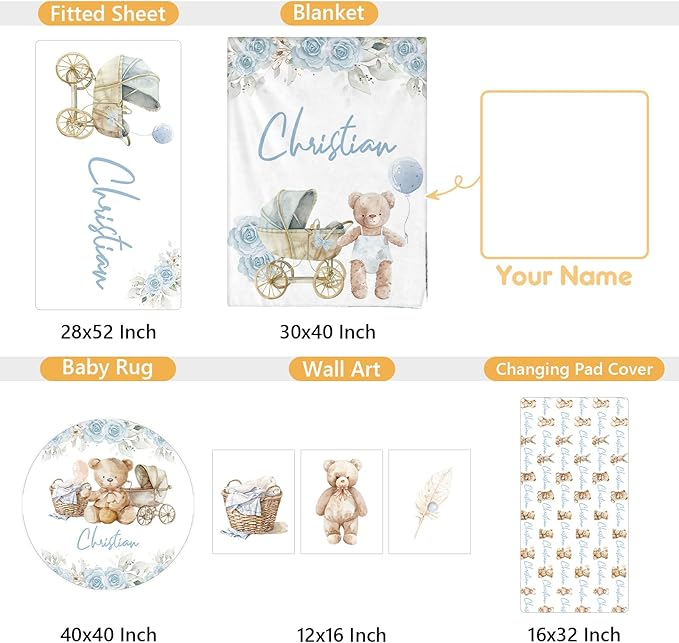 Personalized Toddler Bedding Set, 5 Pcs Custom Name Crib Bedding Set for Girls Boys, Blue Bear Flannel Baby Crib Bedding Set, Double Layer Baby Crib Set, Customized Gifts for Infants Toddlers
