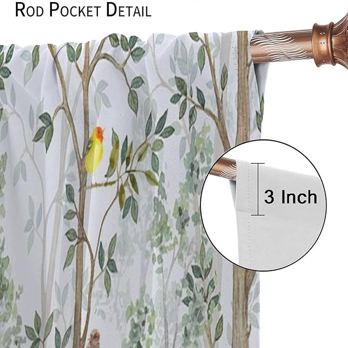 Kids Watercolor Woodland Animal Window Curtains, Bear Deer Squirrel Hedgehog Fox Birds Green Forest Blackout Rod Pocket Treatment for Boys Girls Bedroom 52x84in
