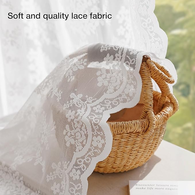 Anmao Vintage Lace Curtains 80 Inches Long 2 Panels Set, Romantic Elegant Light Filtering Semi Sheer Floral Thick Lacy Curtain Drapes for Living Room and Bedroom, Each Panel 55W x 80L, Bright White