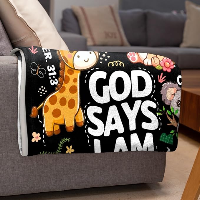 Bible Verse Blanket, Christian Gifts, God Says I am Blankets,Giraffe Lion Koala Elephant Print Animal Blankets, Cute Religious Baptism Gift for Son,Animals Lover Room Bed Decoration, 40"x50"