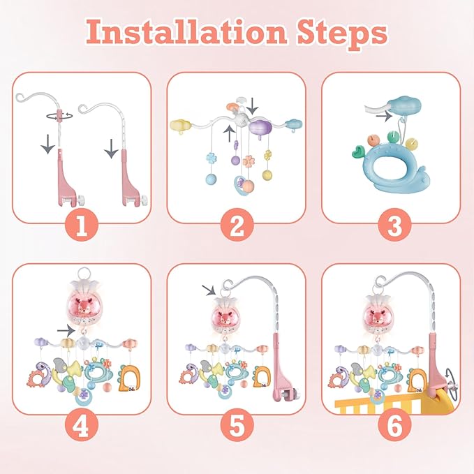 Crib Mobiles for Babies with Music, Rotatable Baby Mobile for Crib with Projection, Timing Function and Baby Rattles Toy, Baby Crib Toys Hanging for Boys Girls 0-12 Months (Pink)