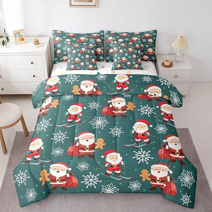 Erosebridal 7Pcs Cartoon Santa Claus Comforter Set Full Size,Xmas Gingerbread Bedding Set,Christmas Snowboard Snowflake Bed in A Bag,Cute Christmas Ornaments Quilt with Flat Fitted Sheet