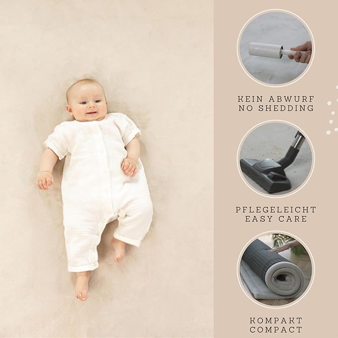 Hakuna Matte Coral Velvet Baby Play Mat Ø 47" Beige – High-Density Memory Foam Area Rug – Playmat for Floor with Non-Slip Backing for Crawling, Playing & Tummy Time