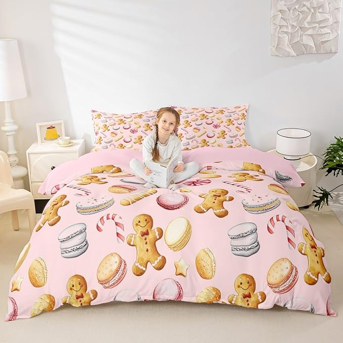 Feelyou Christmas Duvet Cover King Size Cute Christmas Gingerbread Man Comforter Cover for Boys Girls Xmas Sweet Macarons Bedding Set 3Pcs Reversible Pink Room Decor